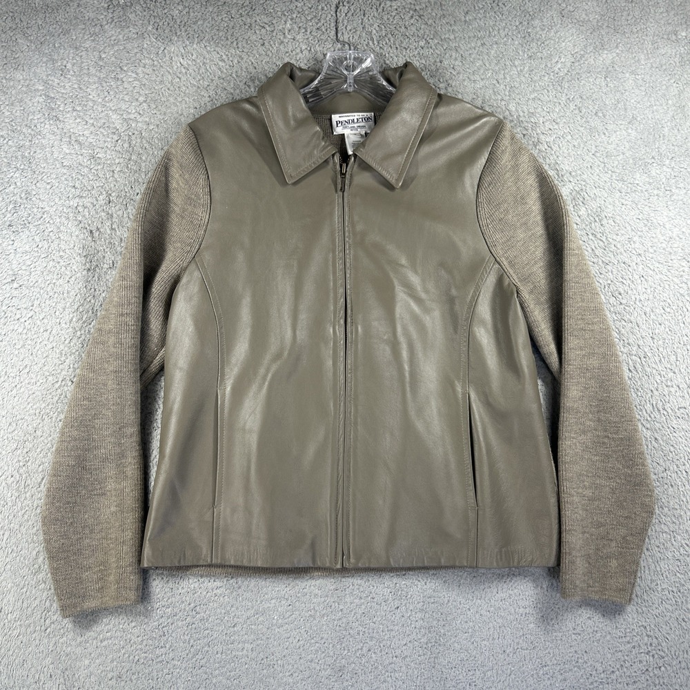 Pendleton Jacket Womens Medium Petite Beige Leather Merino Wool Full Zip Coat